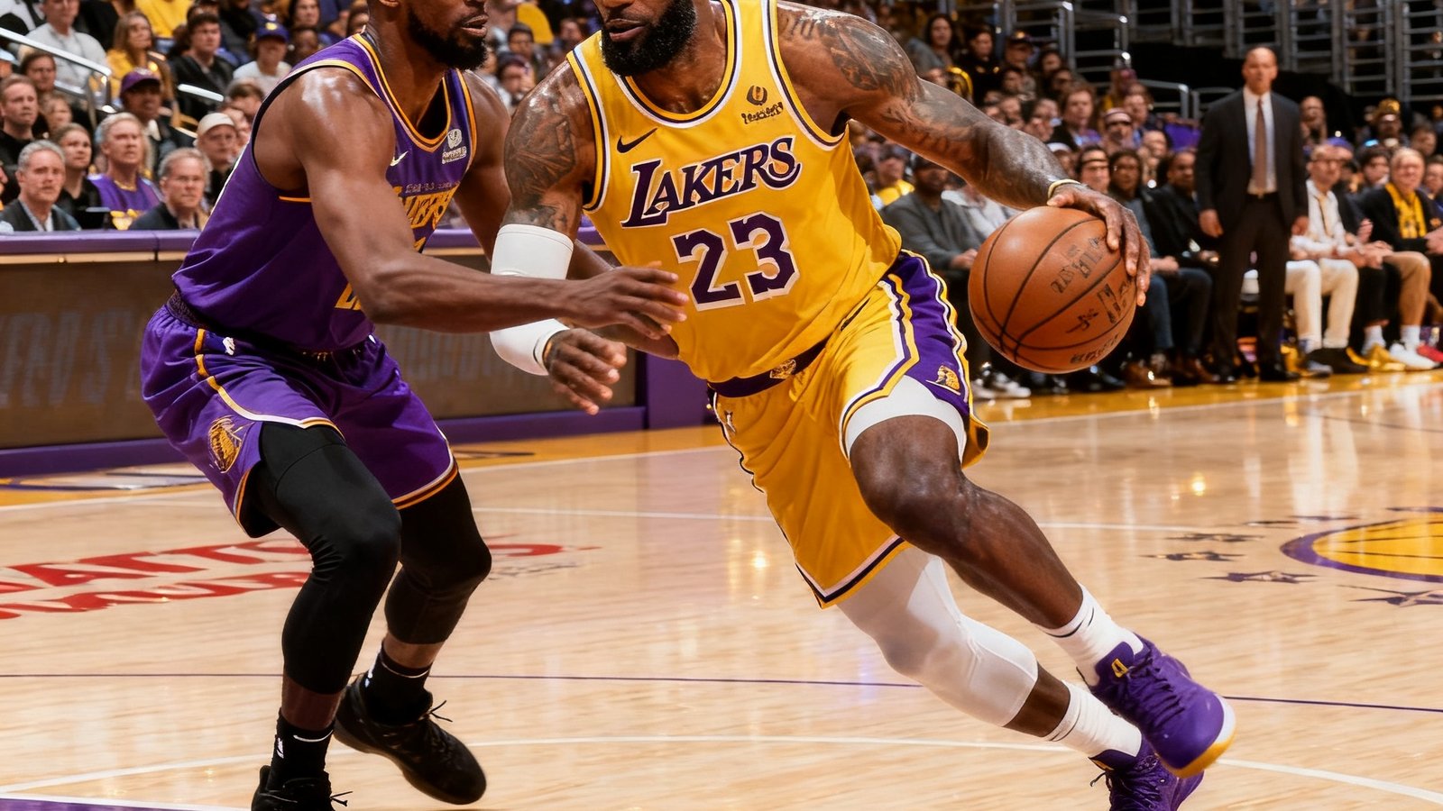 NBA常规赛湖人对阵勇士的比赛画面，勒布朗·詹姆斯持球突破格林防守，斯台普斯中心观众席爆满，紫色金色灯光交织