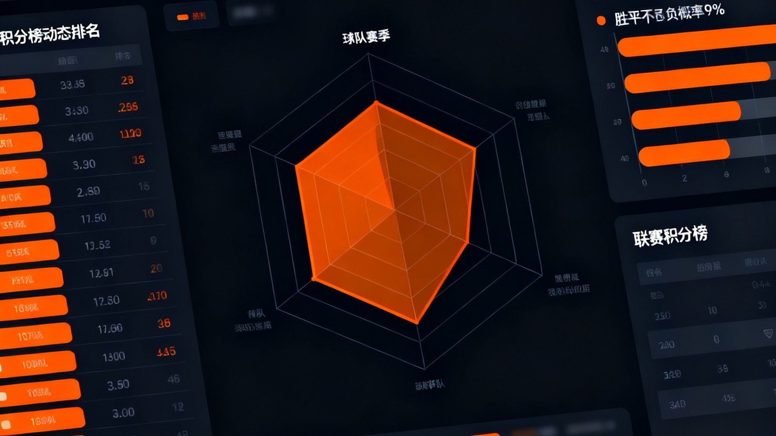 看球直播数据统计仪表盘界面，中央展示球队赛季数据雷达图，右侧为智能预测面板显示胜平负概率百分比条形图，左侧为联赛积分榜动态排名表，整体采用深色主题配橙色数据可视化元素